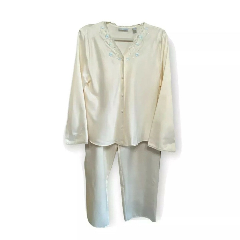 Vtg Erika Taylor Intimates Women Cream 2 Pc Pajama Set Floral Detail Sz …